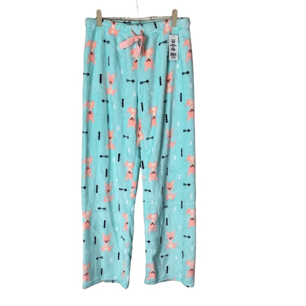 NEW Pugs Apparel Women Ultra Soft Fuzzy Blue Kangaroo Arrows PJ Pajama Pants MED
